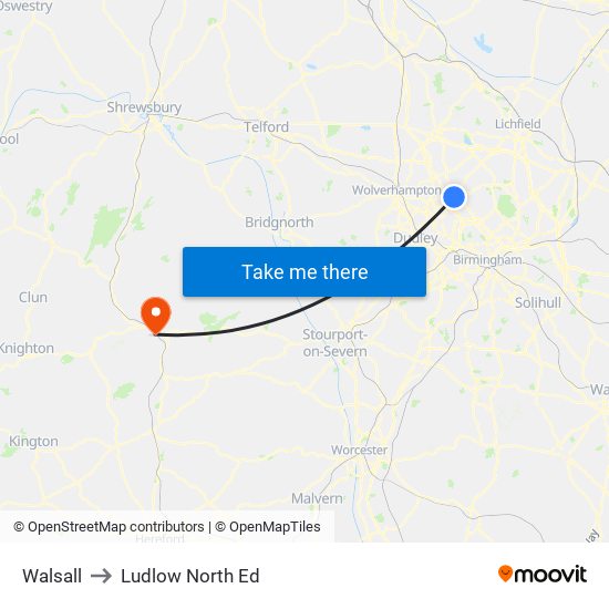 Walsall to Ludlow North Ed map