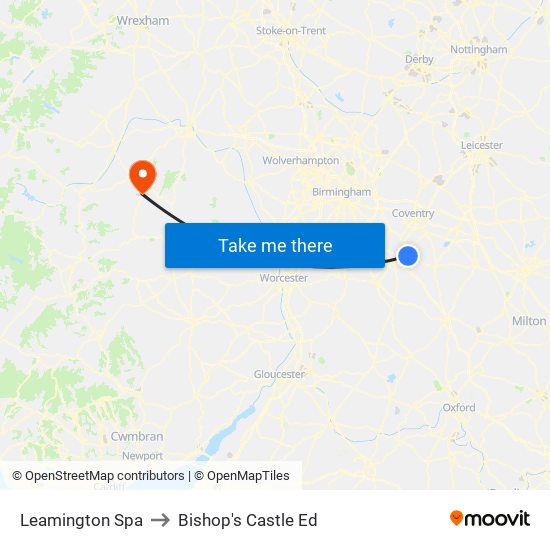 Leamington Spa to Bishop's Castle Ed map