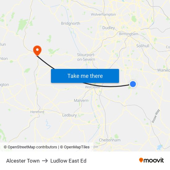 Alcester Town to Ludlow East Ed map