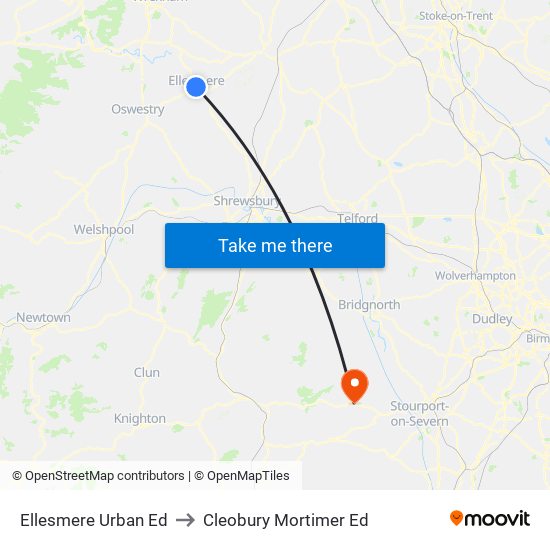 Ellesmere Urban Ed to Cleobury Mortimer Ed map