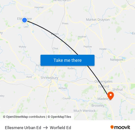 Ellesmere Urban Ed to Worfield Ed map