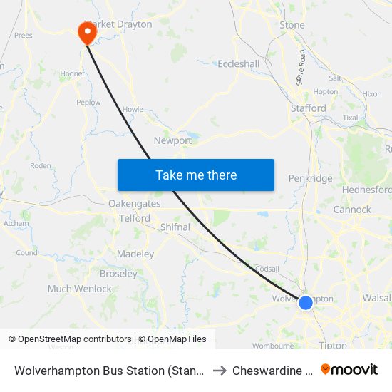 Wolverhampton Bus Station (Stand L) to Cheswardine Ed map