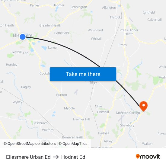 Ellesmere Urban Ed to Hodnet Ed map