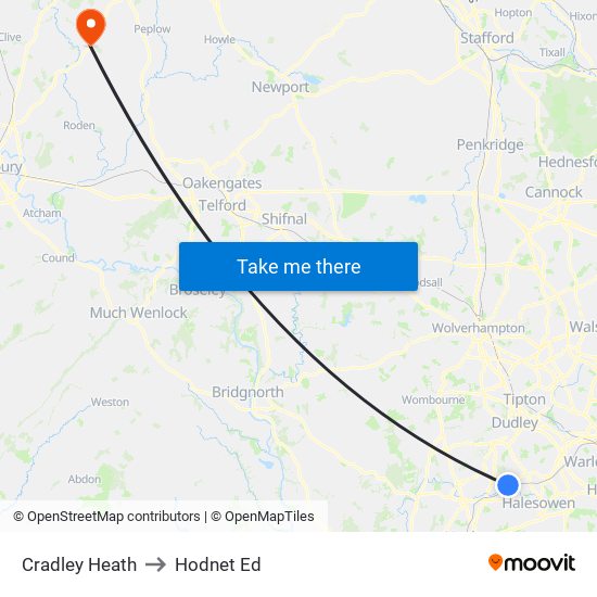 Cradley Heath to Hodnet Ed map