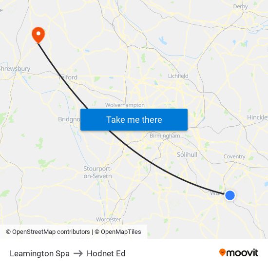 Leamington Spa to Hodnet Ed map