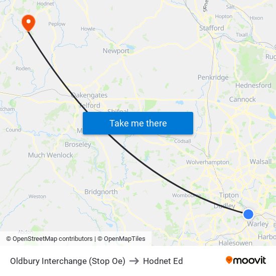 Oldbury Interchange (Stop Oe) to Hodnet Ed map