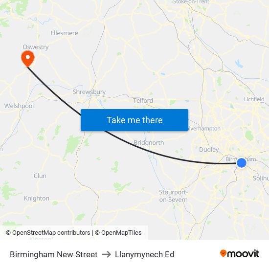 Birmingham New Street to Llanymynech Ed map