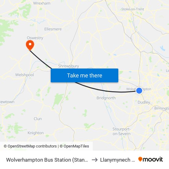 Wolverhampton Bus Station (Stand F) to Llanymynech Ed map