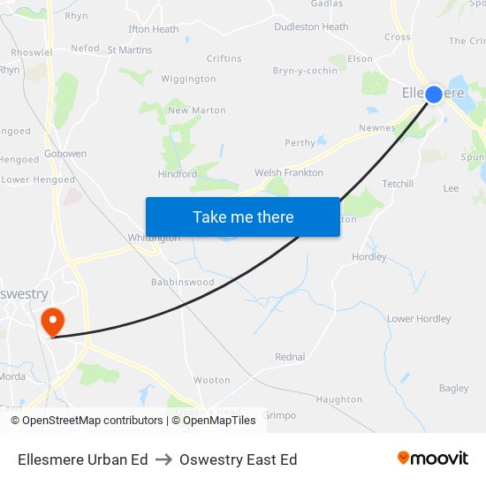 Ellesmere Urban Ed to Oswestry East Ed map