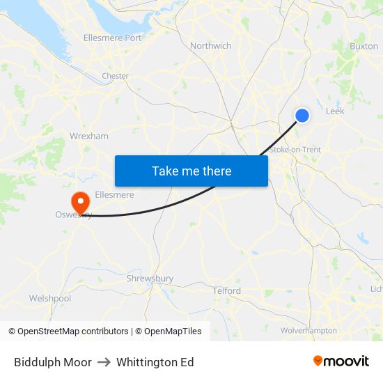 Biddulph Moor to Whittington Ed map