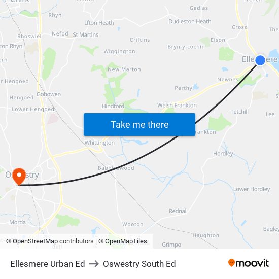 Ellesmere Urban Ed to Oswestry South Ed map