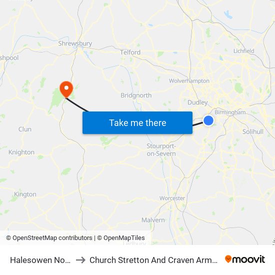 Halesowen North to Church Stretton And Craven Arms Ed map