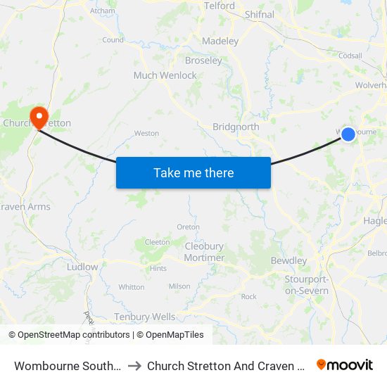 Wombourne South West to Church Stretton And Craven Arms Ed map