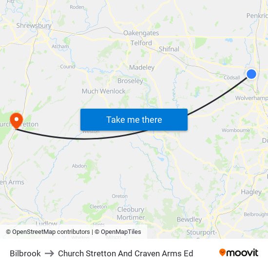 Bilbrook to Church Stretton And Craven Arms Ed map