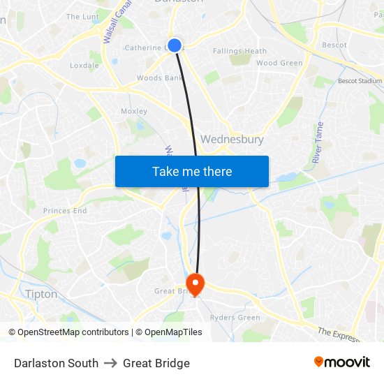 Darlaston South to Great Bridge map