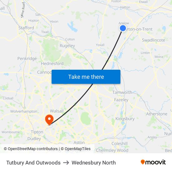 Tutbury And Outwoods to Wednesbury North map