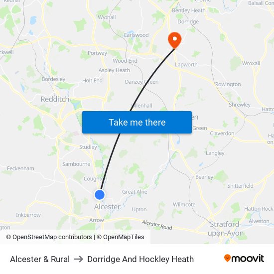 Alcester & Rural to Dorridge And Hockley Heath map