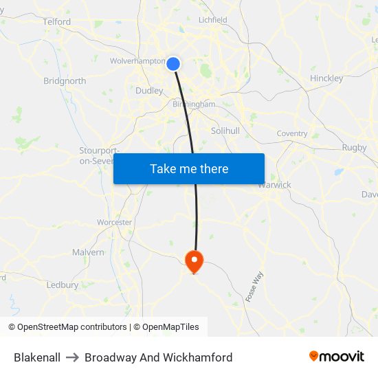 Blakenall to Broadway And Wickhamford map