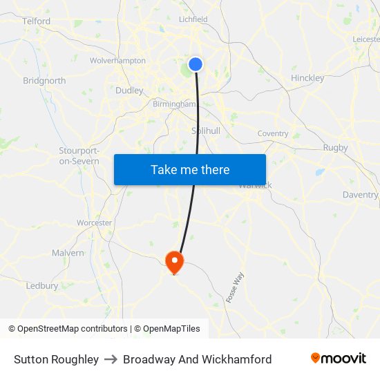 Sutton Roughley to Broadway And Wickhamford map