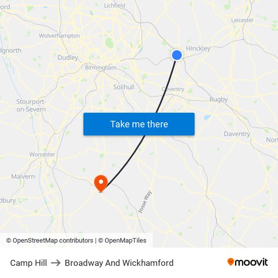 Camp Hill to Broadway And Wickhamford map