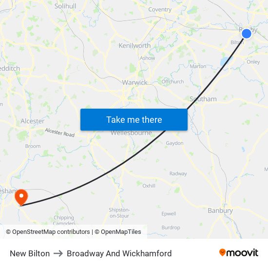 New Bilton to Broadway And Wickhamford map