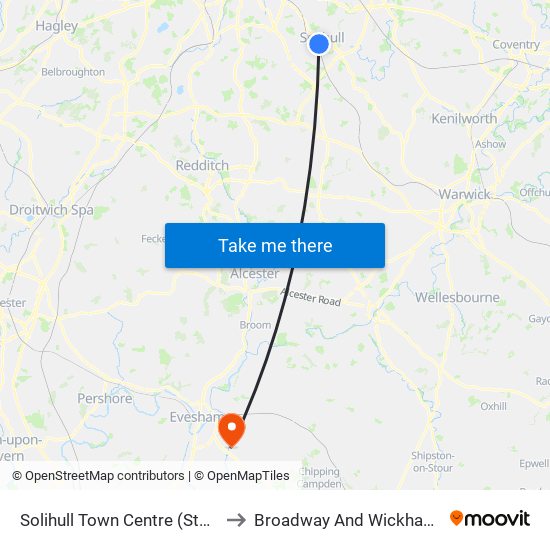 Solihull Town Centre (Stop Sa) to Broadway And Wickhamford map