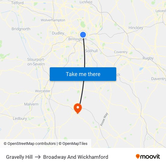 Gravelly Hill to Broadway And Wickhamford map