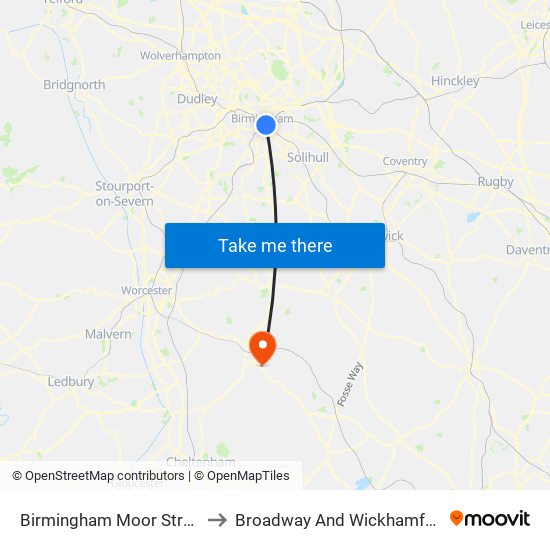 Birmingham Moor Street to Broadway And Wickhamford map