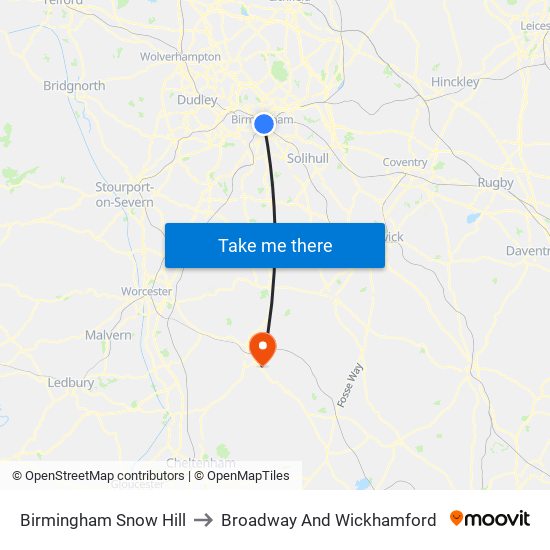 Birmingham Snow Hill to Broadway And Wickhamford map