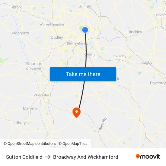 Sutton Coldfield to Broadway And Wickhamford map