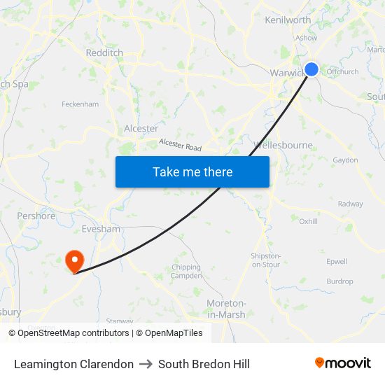 Leamington Clarendon to South Bredon Hill map