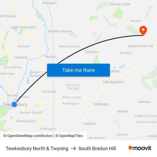 Tewkesbury North & Twyning to South Bredon Hill map