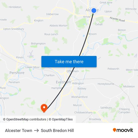 Alcester Town to South Bredon Hill map