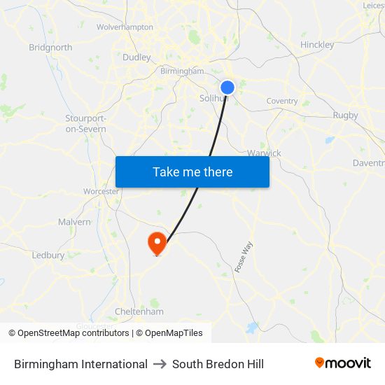 Birmingham International to South Bredon Hill map