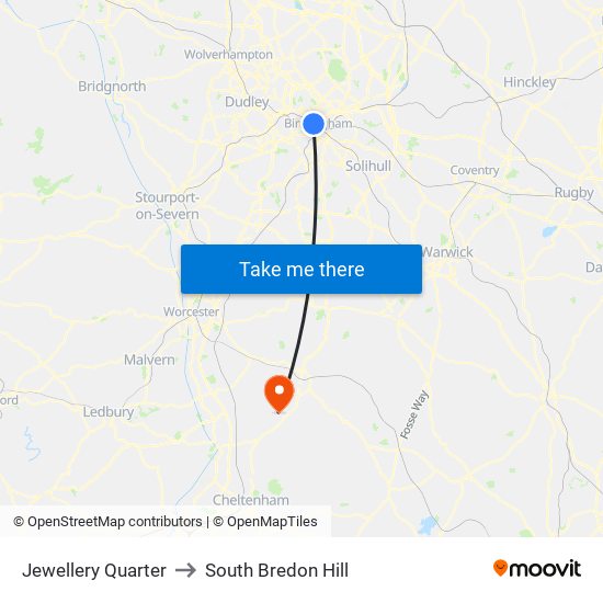 Jewellery Quarter to South Bredon Hill map