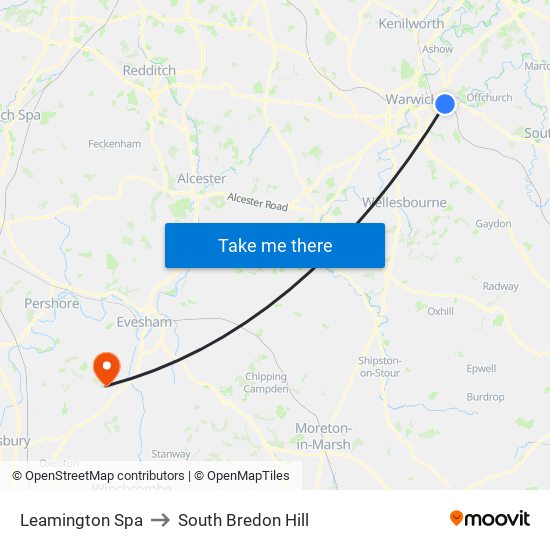 Leamington Spa to South Bredon Hill map