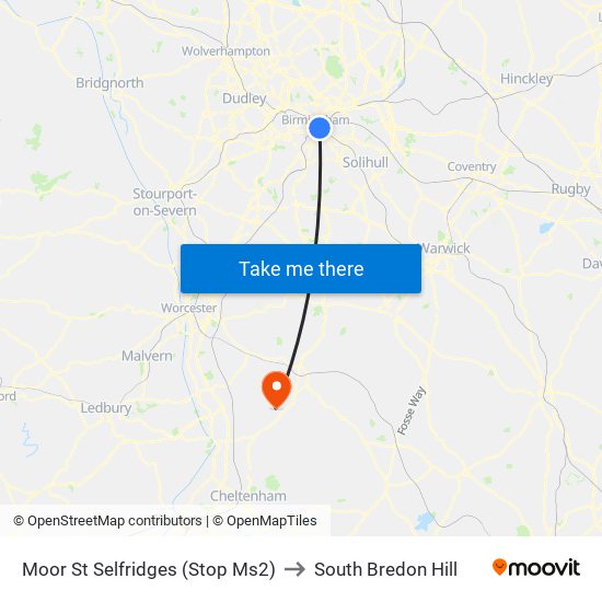 Moor St Selfridges (Stop Ms2) to South Bredon Hill map