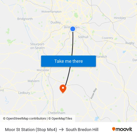Moor St Station (Stop Ms4) to South Bredon Hill map