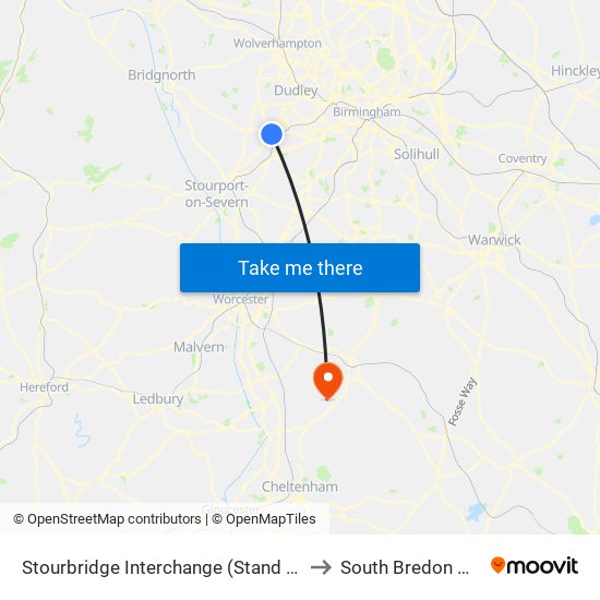 Stourbridge Interchange (Stand H) to South Bredon Hill map