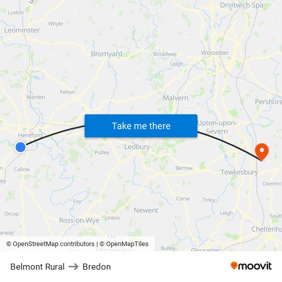 Belmont Rural to Bredon map