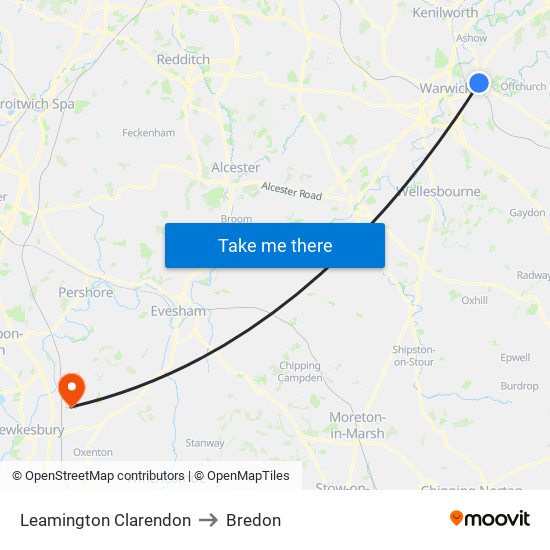 Leamington Clarendon to Bredon map