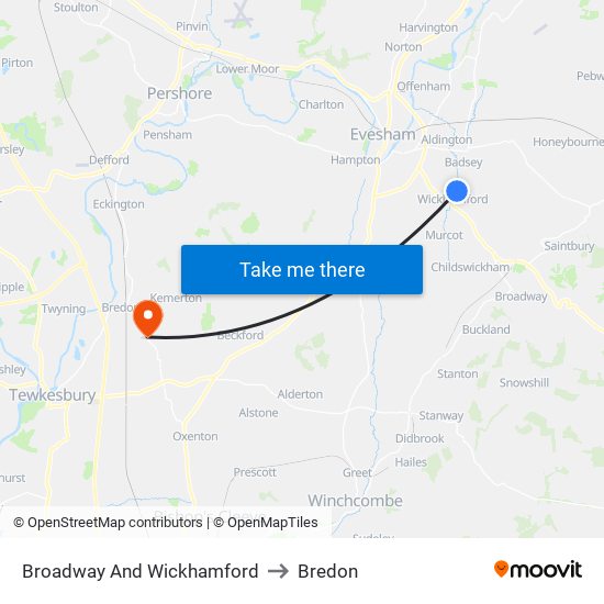 Broadway And Wickhamford to Bredon map