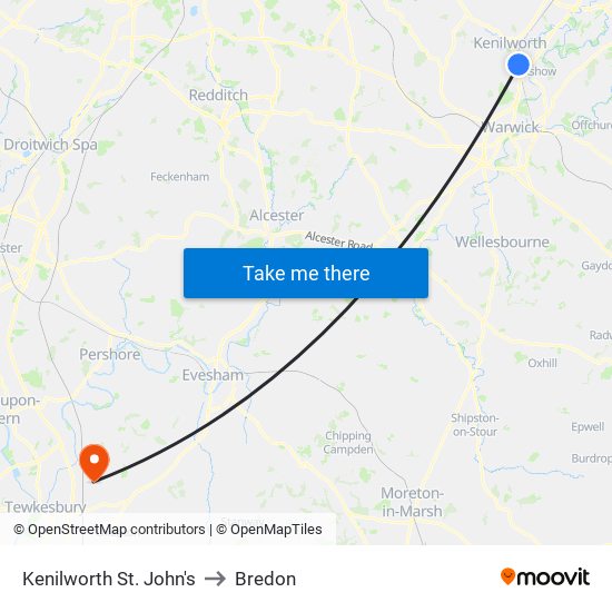 Kenilworth St. John's to Bredon map