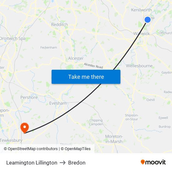 Leamington Lillington to Bredon map