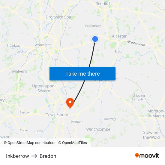 Inkberrow to Bredon map