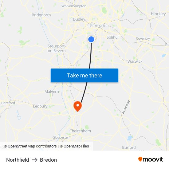 Northfield to Bredon map