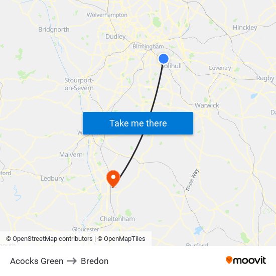 Acocks Green to Bredon map