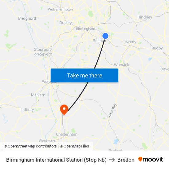 Birmingham International Station (Stop Nb) to Bredon map