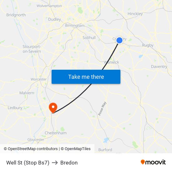 Well St (Stop Bs7) to Bredon map