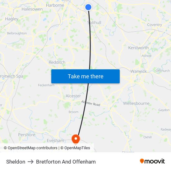 Sheldon to Bretforton And Offenham map